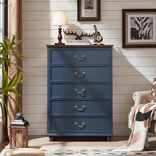 Miniatura 8 de Cómoda de 5 cajones estilo granja para dormitorio, cofres de cajones rústicos de 45" de alto con 4 patas de madera maciza, cómodas de almacenamiento