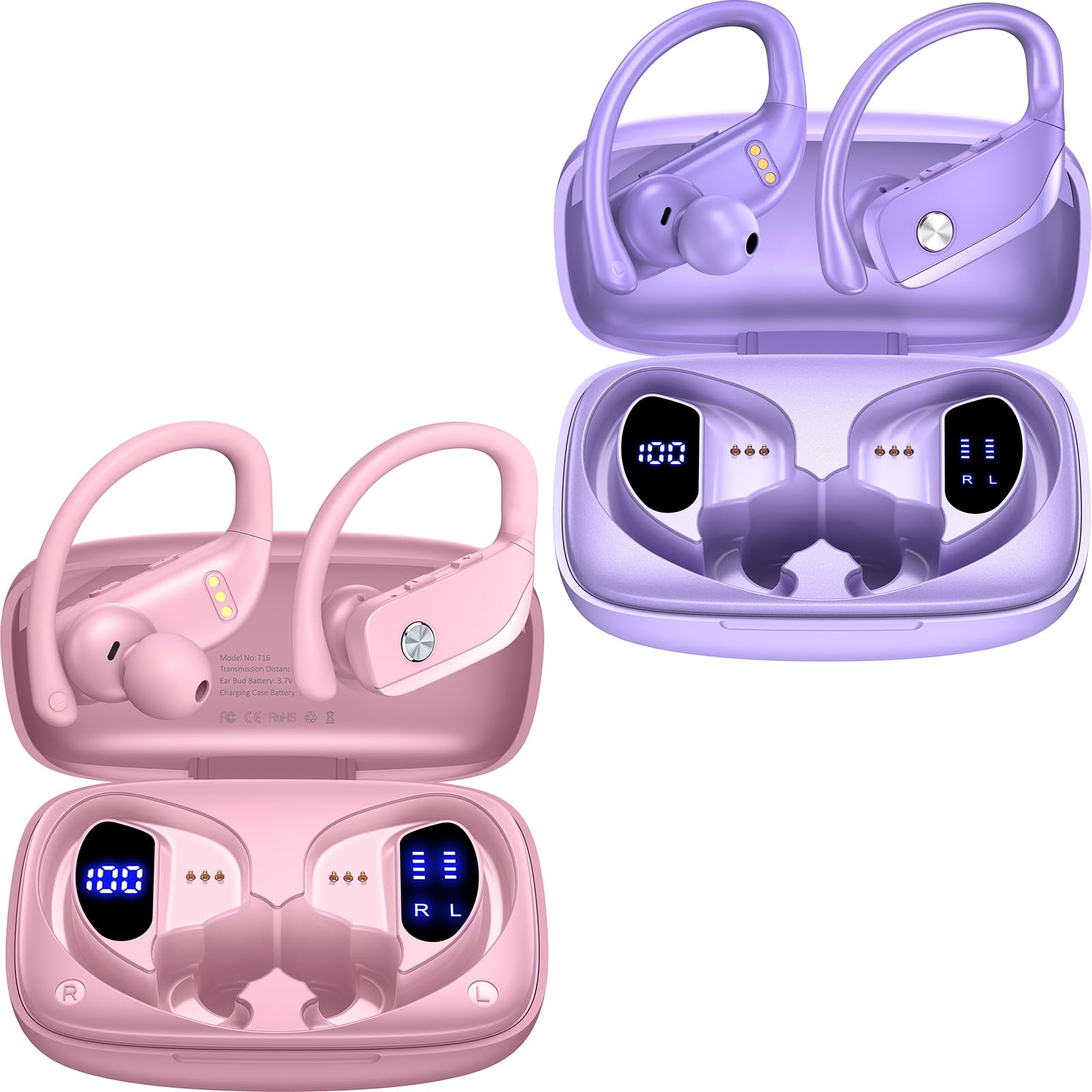 bmani 2 Sets Wireless Earbuds Bluetooth Headphones 48hrs Play Back Sport Earphones with LED Display Over-Ear Buds with Earhooks Built-in Mic Headset for Workout Pink+Purple