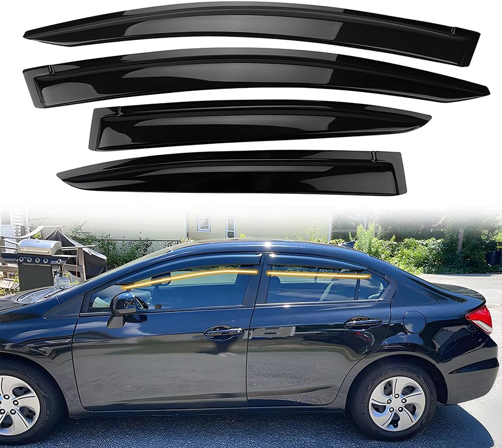 Tape on Window Visor Deflectors, Compatible with 2012-2015 Honda Civic Sedan, Acrylic Black Slim Style Window Rain Guards, Sun Wind Side Vent Visor Set, 4 Pieces