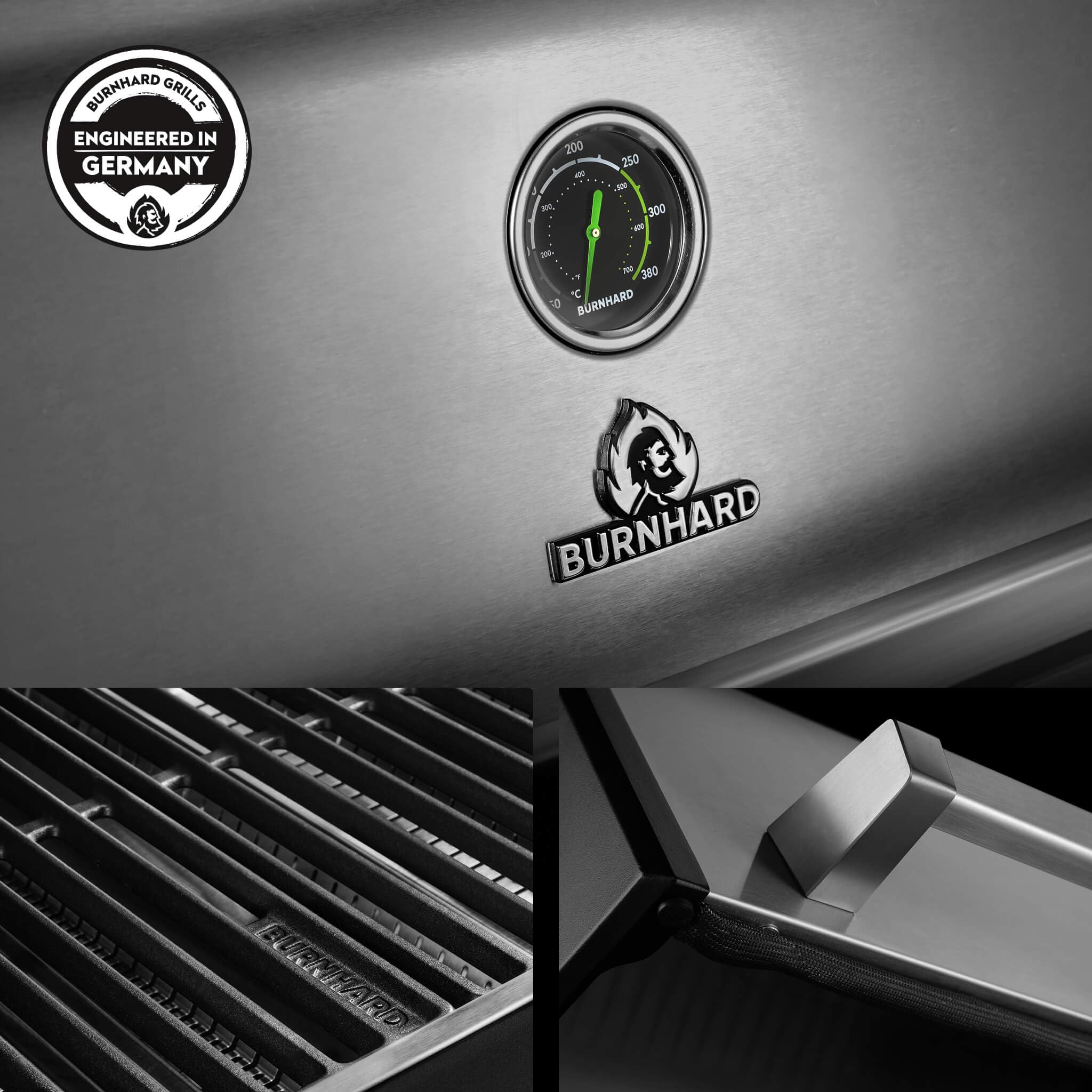 BURNHARD® Gasgrill 2-Brenner, 2x Edelstahl-Stabbrenner, 3,75 kW, Infrarot-Keramikbrenner, Seitentisch, Gussrost, Piezo-Zündung, kompakt, für 5 Personen – FRED Jr. Deluxe