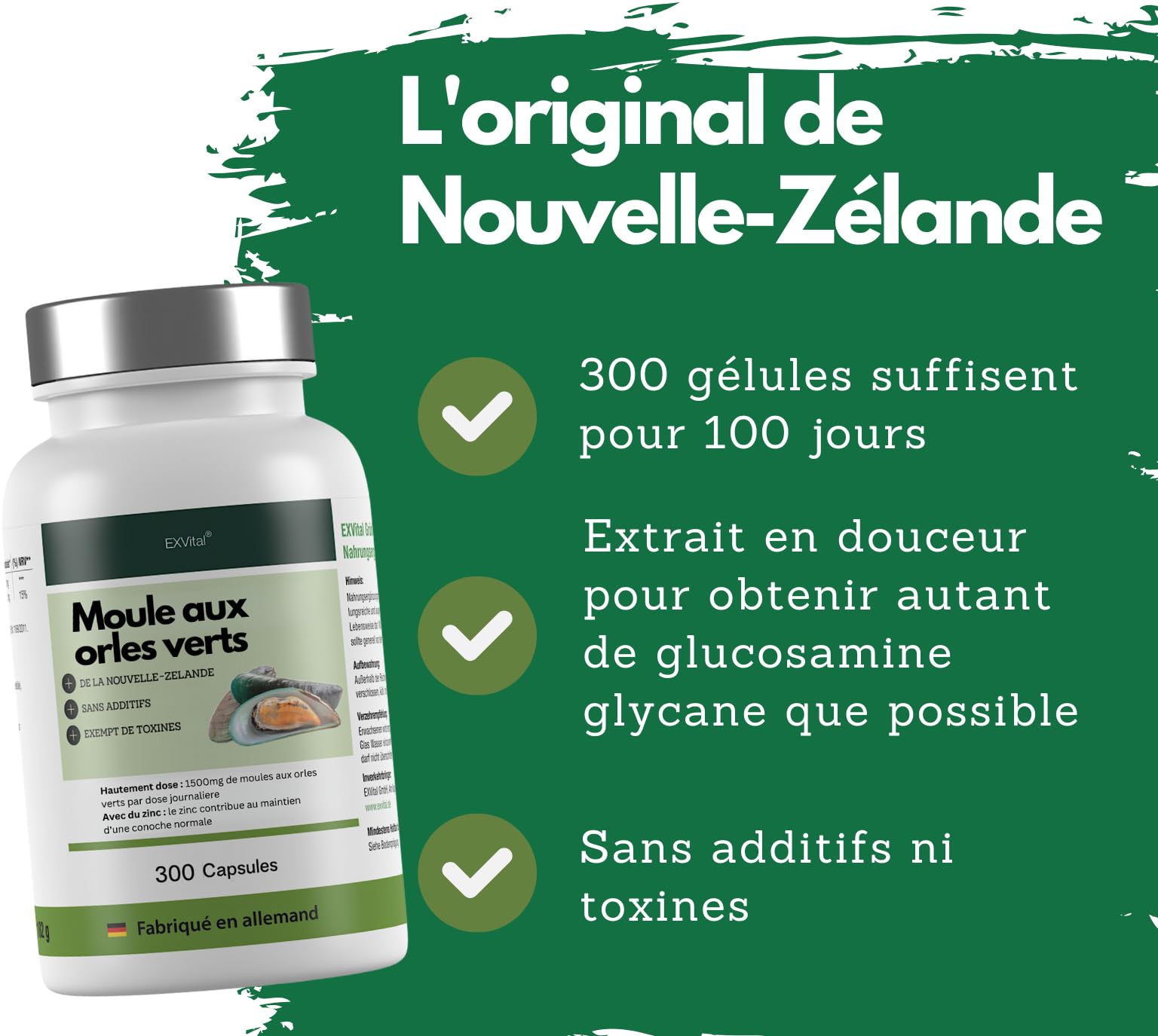 Moules aux orles Verts de Nouvelle-Zélande 1500 MG - Oméga 3 et glycosaminoglycanes - 300 gélules de Poudre de moules aux orles Verts, sans additif