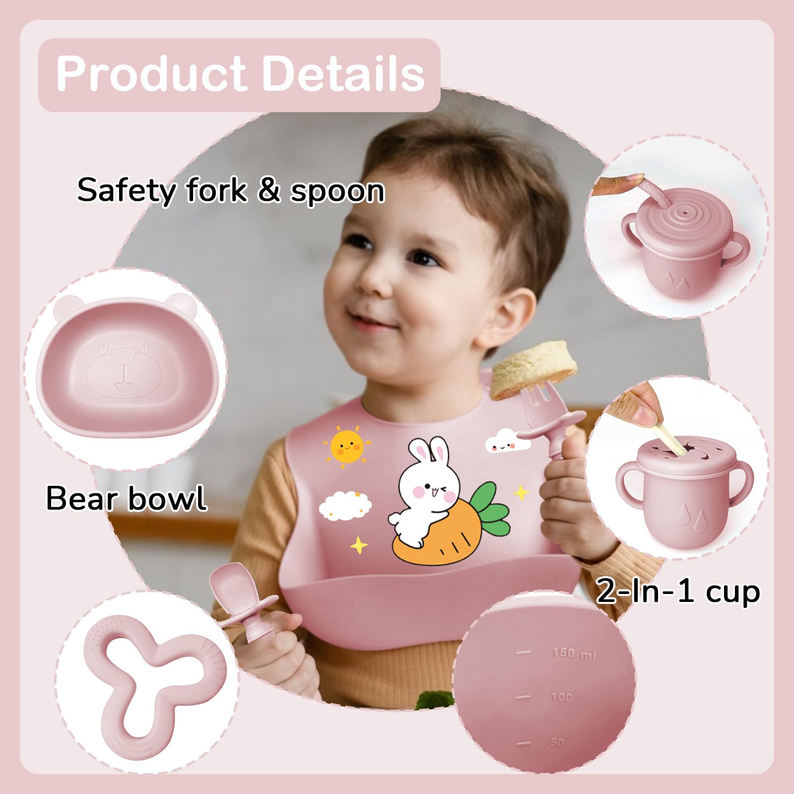 11 Pezzi Set Pappa Svezzamento, Svezzamento Set Silicone Piatto con Ventosa Piatto Ciotola Tazza Bavaglino Cucchiaio Forchetta, Set di Posate per Bambini per Lo Svezzamento e L'Alimentazione (Rosa1)