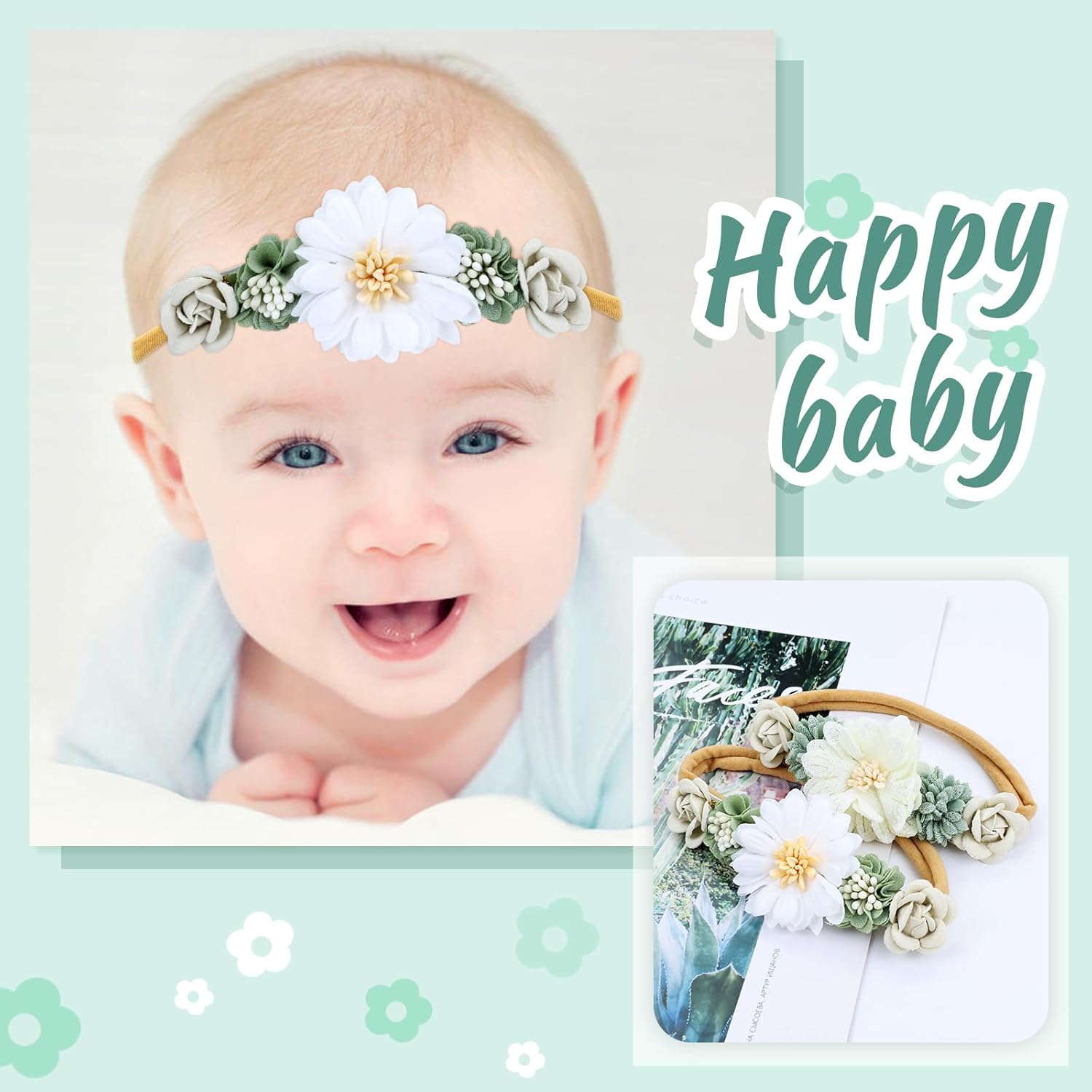 6 Pieces Super Soft Stretchy Green Khaki White Baby Girl Nylon Bow Flower Headbands Floral Lace Headbands Hair Accessories for Newborns Infants Toddlers Girls Kids - Image 6