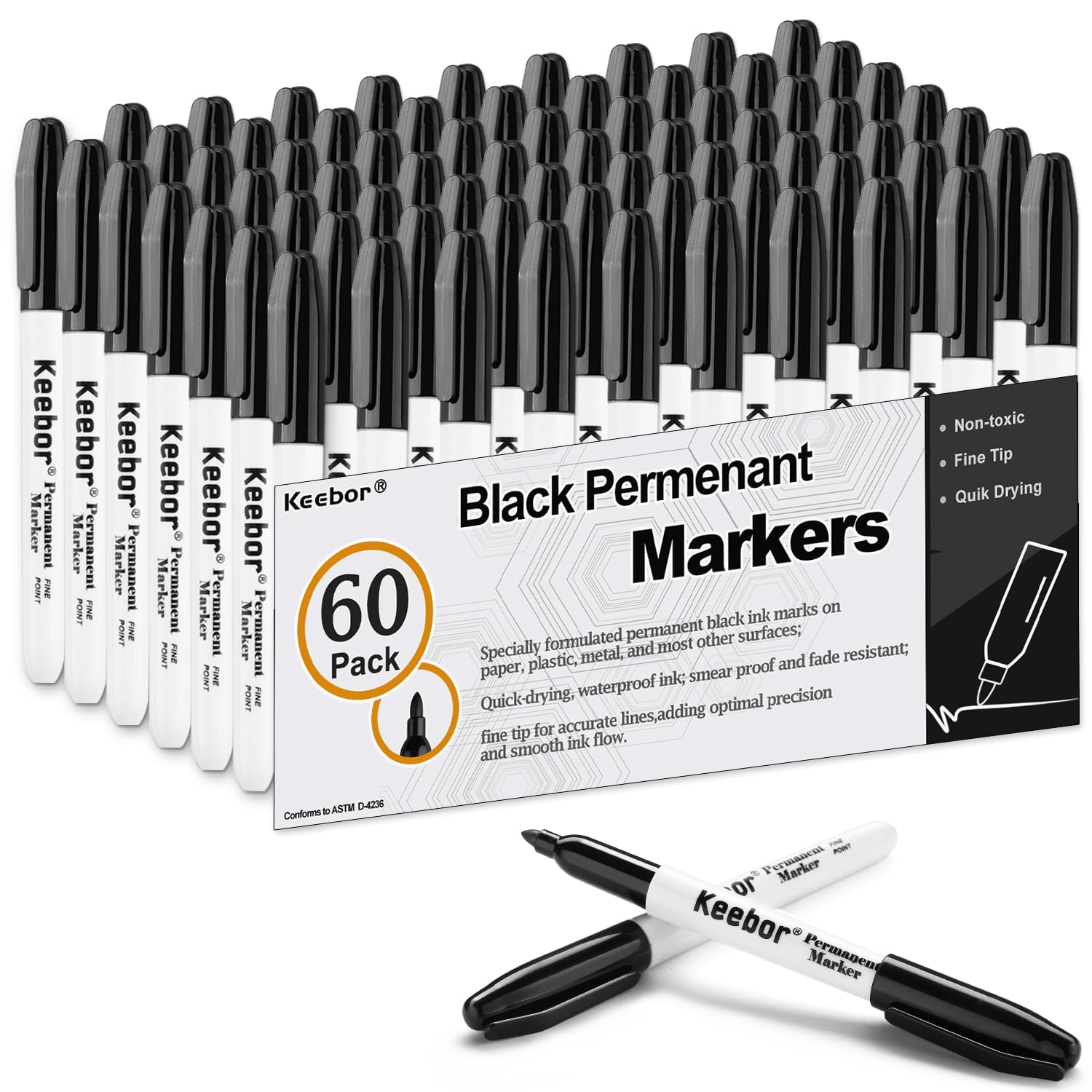 Keebor Permanent Markers Bulk, 60 Pack Black Permanent Markers, Quick Drying & Fade Resistant, Fine Point Marker Set for Wood, Plastic, Paper, Metal