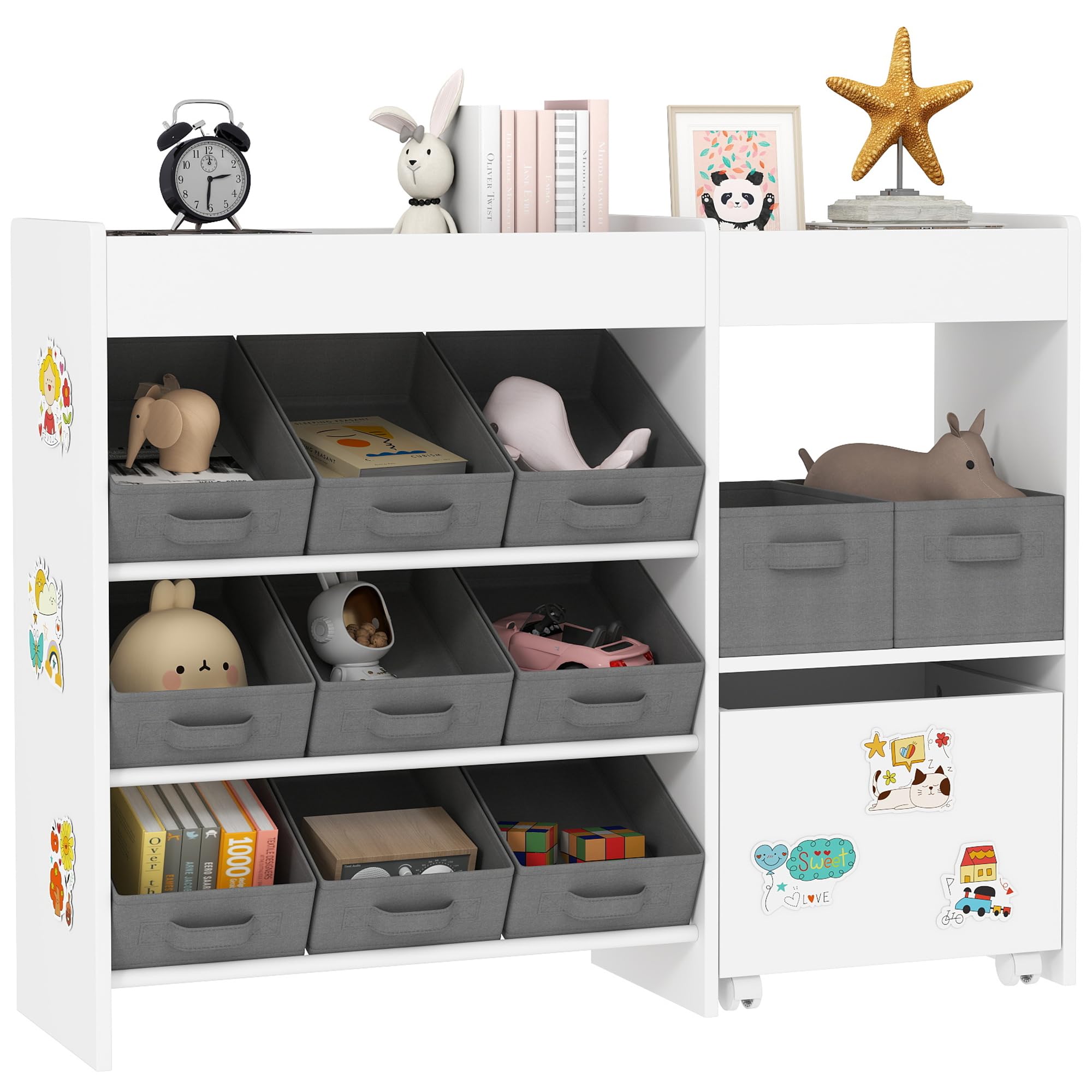 AIYAPLAY Cassetta portagiochi con 11 cestini in tessuto bianco | Unità stoccaggio bambini, libreria, armadio, ripiani, 3 adesivi, cameretta, sala giochi, asilo