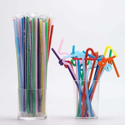 Miniatura 4 de 500 popotes de plástico desechables flexibles, paquete individual de 10.2 pulgadas, coloridas pajitas flexibles extra largas para fiestas