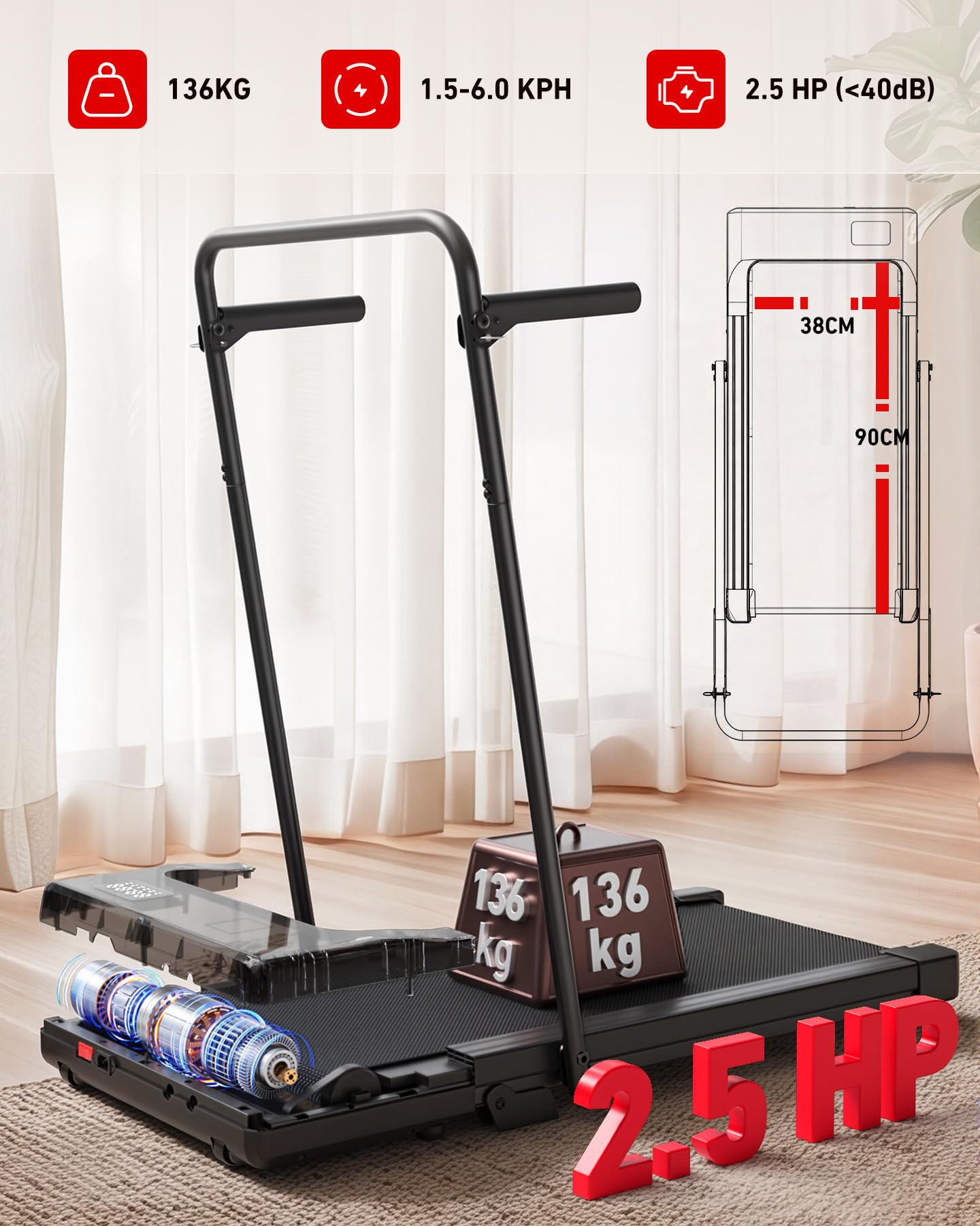 Tapis de Course Inclinable 2.5HP 1-12km/h APP Contrôle Max 136KG Walking Pad Portable