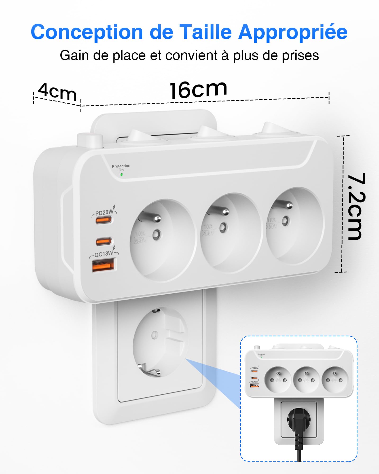 Listwa Zasilająca 3 Gniazdo, PD20W Wielokrotne Gniazdo z Wyłącznikami,Listwa Zasilająca Przeciwprzepięciowa 3 Gniazda Elektryczne,Rozdzielacz Elektryczny Adapter do Gniazdka z Type-c,Biały
