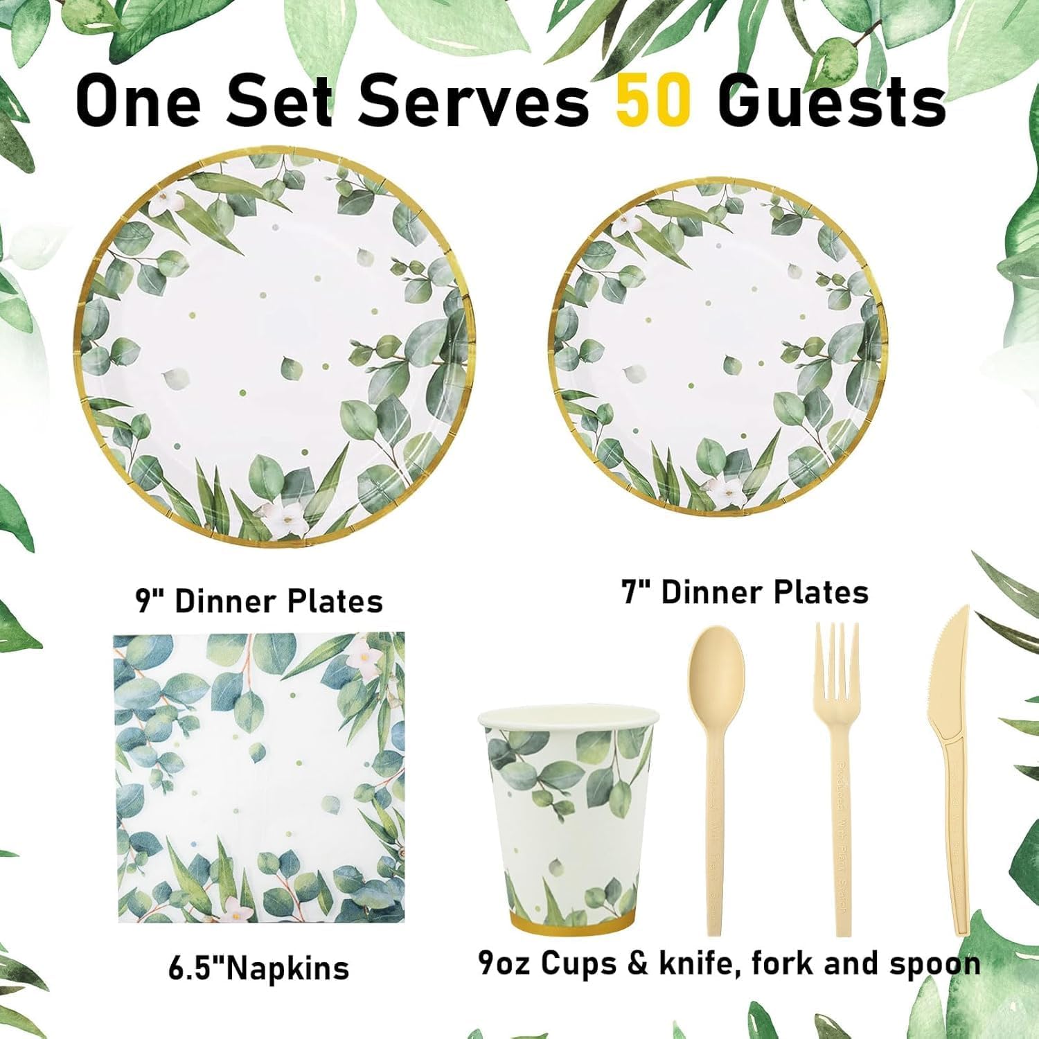 350 Pcs Sage Green Party Plates and Cups Sets,Disposable Paper Plates Cups Napkins Party Supplies,Eucalyptus Plates Dinnerware for Boho Bridal Shower/Baby Shower Theme,Serves 50