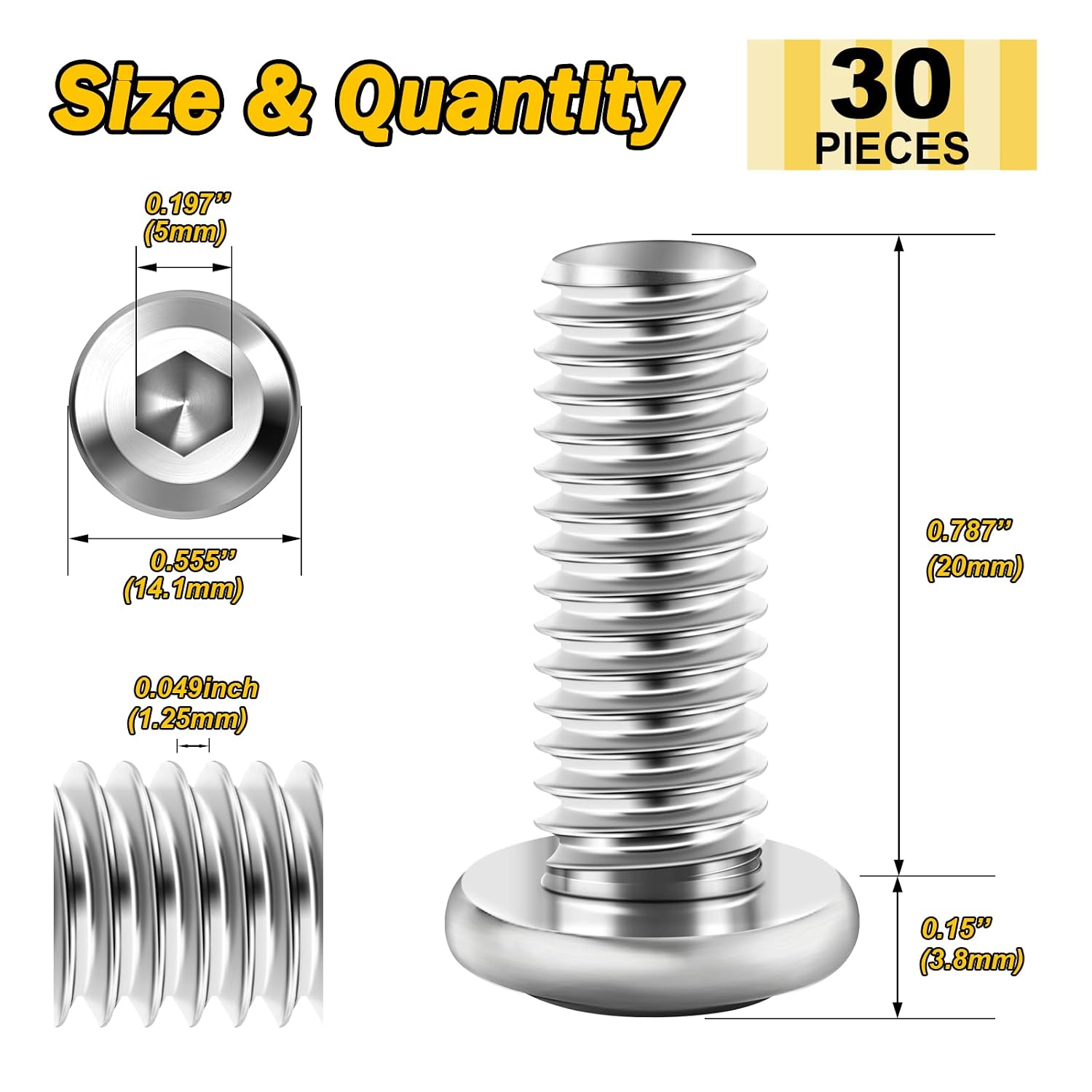Mywish M8 x 20mm 20Pcs Flat Head Hex Socket Cap Screws Bolts & Mywish 30Pcs M8 x 20mm Flat Head Hex Socket Cap Screws, 304 Stainless Steel Furniture Screws, Full Thread