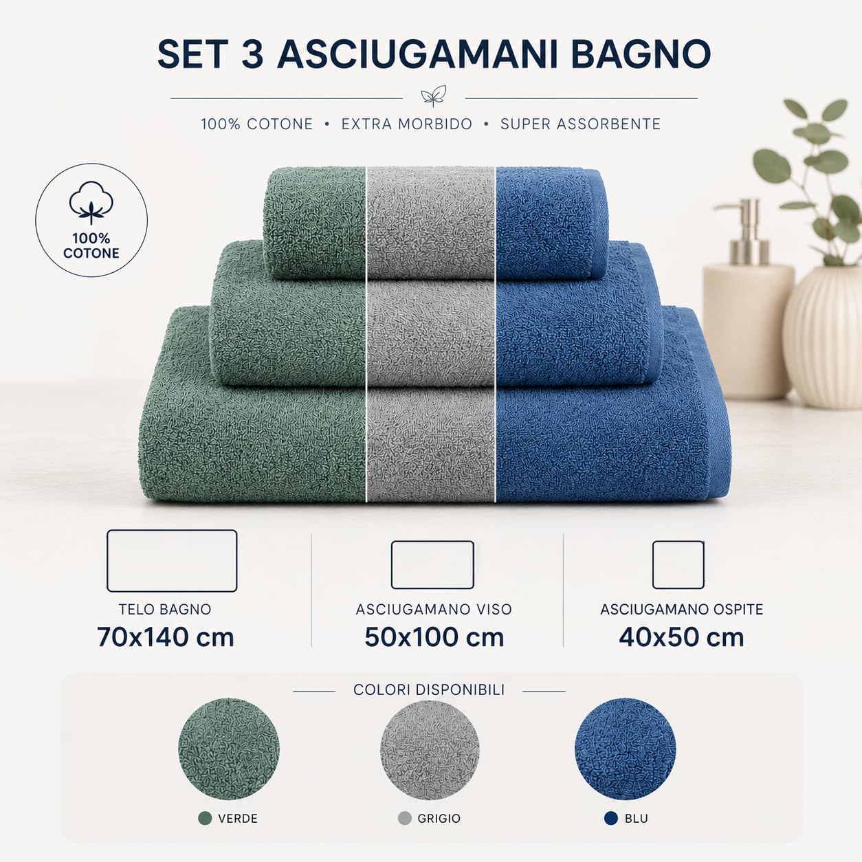 Ruggeri - Set 3 Asciugamani Bagno in 100% Cotone Extra Morbido e Assorbente | Telo Bagno 70x140 cm + Asciugamano Viso 50x100 cm + Asciugamano Ospite 40x50 cm (Verde)