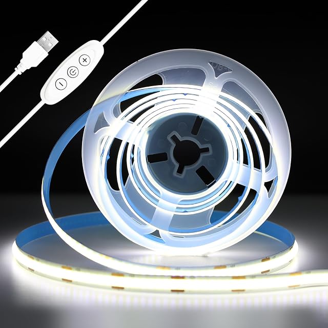 INextStation 6.6ft 2M 5V USB COB Lumière de bande, 640LEDs 6000K Blanc froid USB LED Bandes, bande de lumière Dimmable Led CRI 93+ Flexible LED Lampes à ruban pour TV Rétro-éclairage, Sous Cabinet, Miroir, Décor maison