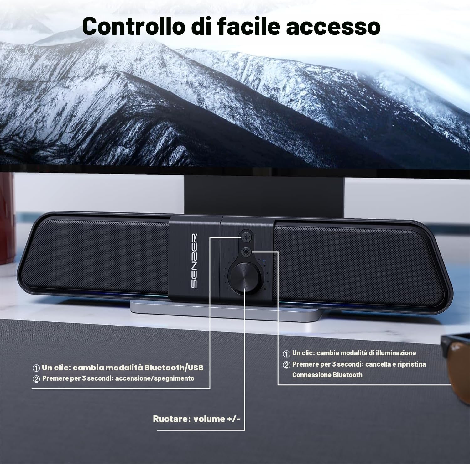 Senzer CS20 Casse Pc, Casses Usb Bluetooth Flowing LED Gaming SoundBar, Casse per Pc Computer Portatile (Not 3.5Aux)
