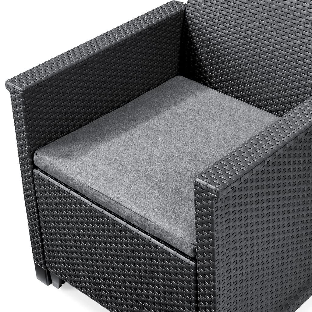 Keter Emma Balcony Set - Mobile da esterno composto da due poltrone con cuscini e tavolino contenitore, grafite