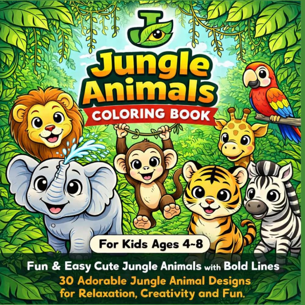 Jungle Animals Coloring Book for Kids Ages 4–8 Fun & Easy Cute Jungle Animals with Bold Lines: 30 Adorable Jungle Animal Designs for Relaxation, Creativity and Fun (Cute Animals Coloring Series)