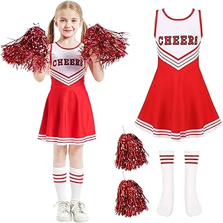 Disfraz Carnaval de Animadora para Niñas: Disfraz Cheerleader Niña con Pompones Calcetines - Uniforme Cheerleader para Carnaval Cosplay Competición Deportiva y Fiestas