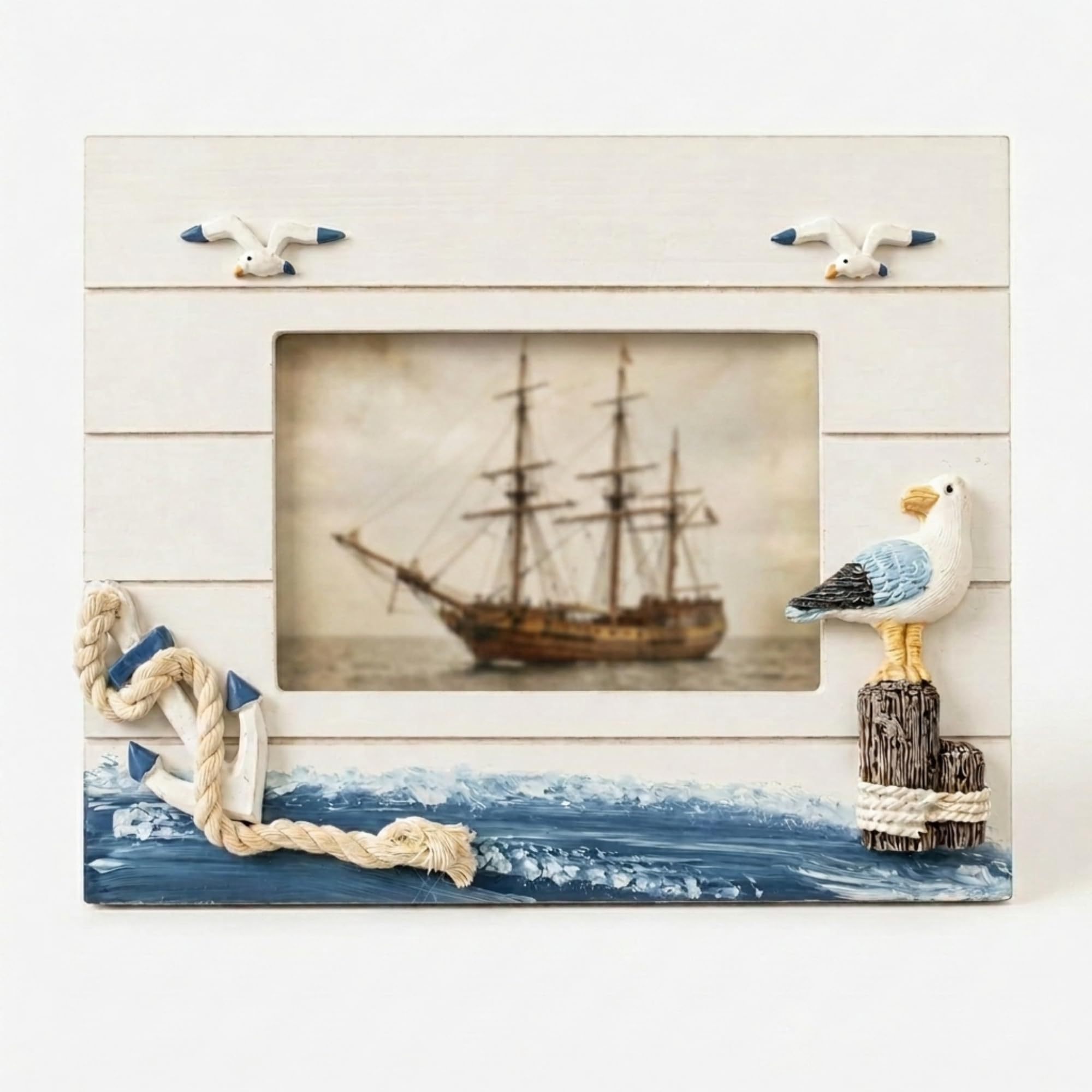 The Bridge Collection Coastal Nautical Picture Frame, Wood with Resin Accents, 4x6, Blue and White, Distressed Finish, Beach Theme