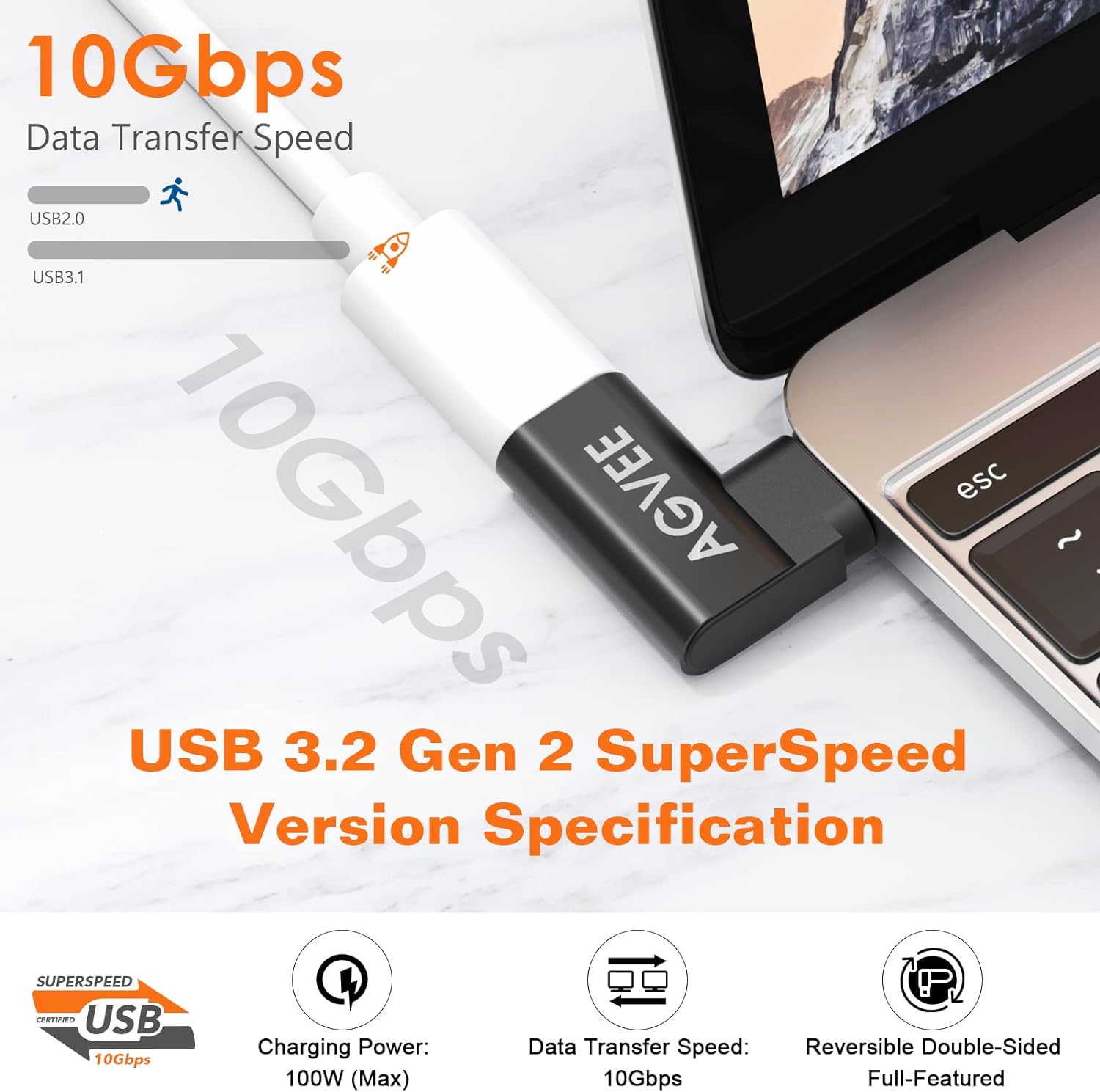 AGVEE 4 Pack Side Angle 90 Degree USB-C Male to USB-C Right Angled Female Adapter (Type-C 3.2 Gen 2) Converter Video Type-C 10G Data Extension Coupler Converter Connector, Black