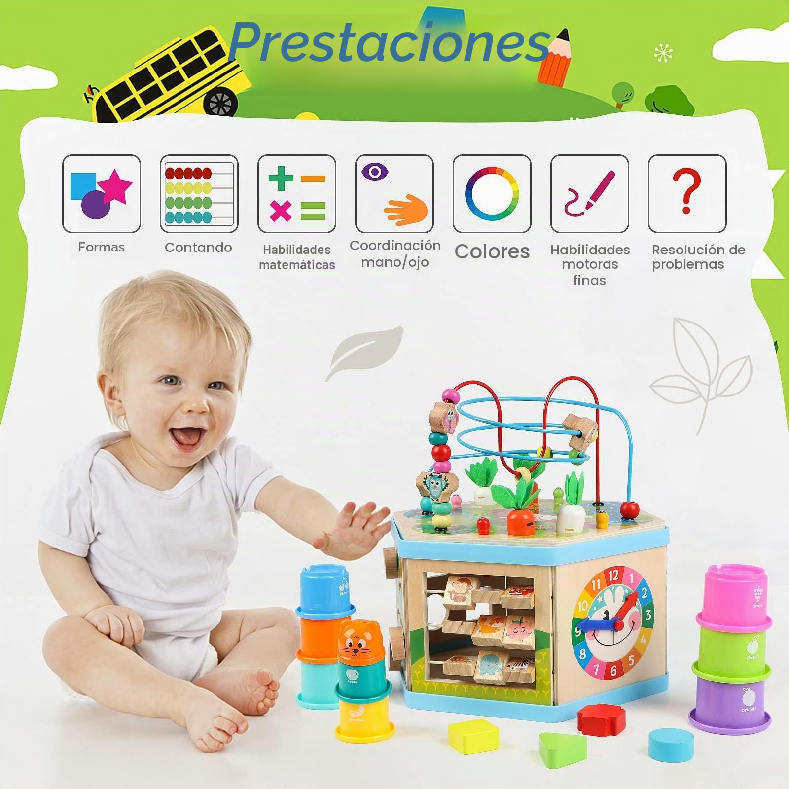 Jacootoys Cubo de actividad de madera, 7 en 1, cubo de actividad motora educativa de laberinto de perlas para niños, bebés, niños y niñas