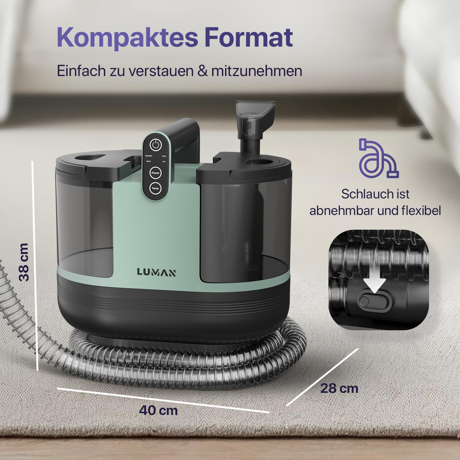 LUMAN 4 in 1 Teppichreiniger - Heizfunktion und Selbstreinigung - Fleckenreiniger - Sitzreiniger - Reiniger für Sofa, Boden, Auto und Teppich - 4 Bürsten - Inklusive Reinigungsmittel