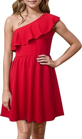 Girls Dress Elegant One Shoulder Ruffle Formal Birthday Party A-Line Dress 9-14 Years