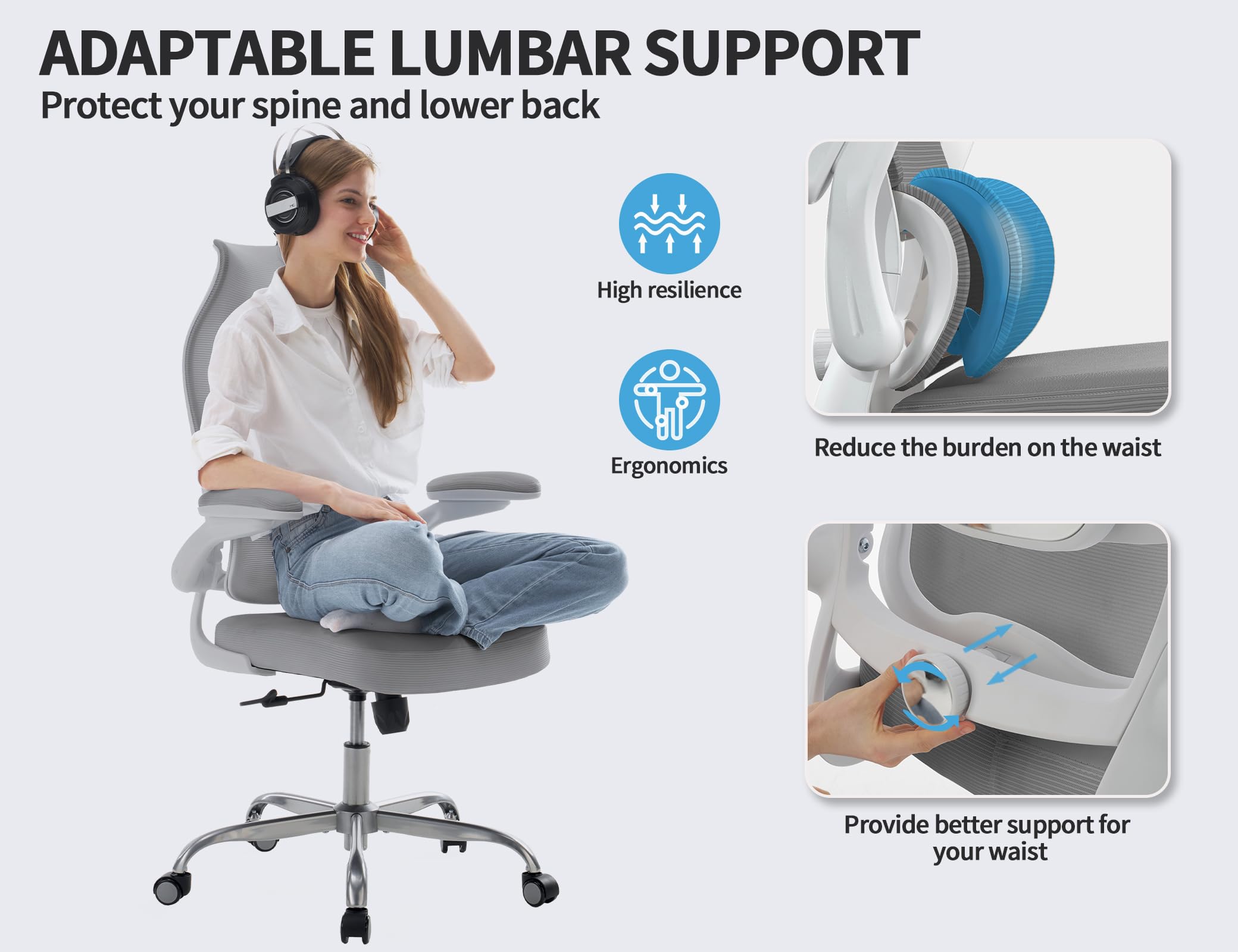 TRALT Ergonomic Office Chair - Desk Chair with Wave High Back Adjustable Lumbar Support Computer Chair - Gaming Chairs Mesh Backrest and PU Leather Seat for Home Reading Chairs to Adults(Grey)