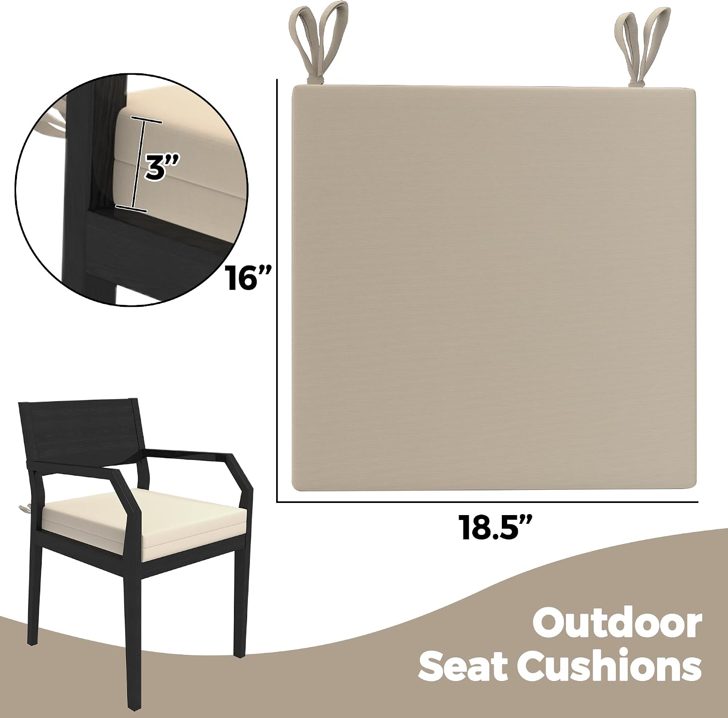 outdoor cushions for patio furniture set of 4, 18.5 x 16 x 3 inch waterproof outdoor chair seat cushions, beige square with non-slip ties (square corner) beige 18.5*16*3"(4 pack)