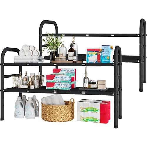 2 Pack Expandable Under Sink Organizer Rack, 2-Tier Kitchen Bathroom Cabinet Storage Shelf with 8 Removable Plastic Boards, Shoe Rack, Multi-Purpose Storage for Kitchen, Bathroom, Pantry