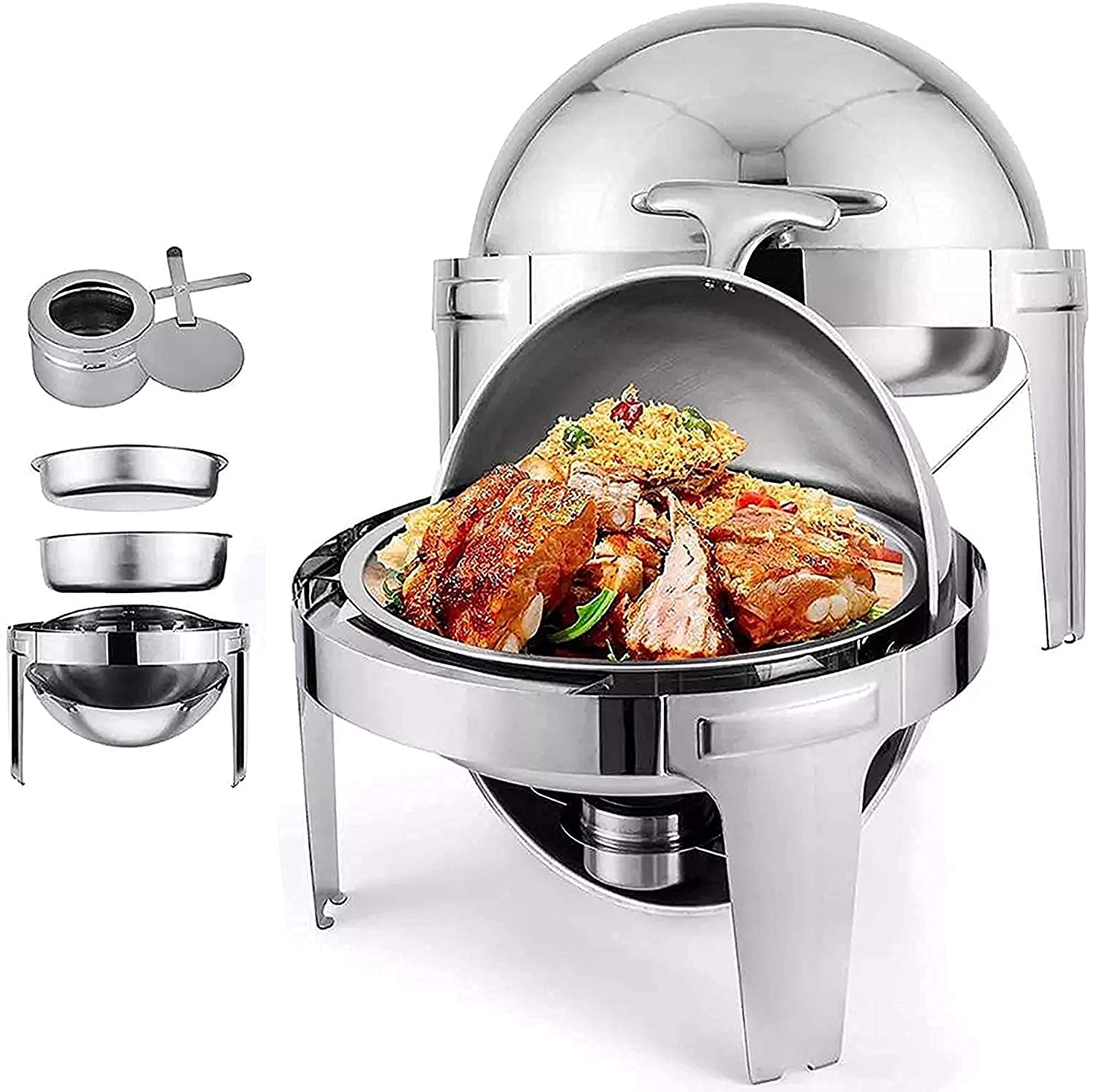 Chafing Dish Rotondo In Acciaio Inossidabile Con Coperchio Scorrevole, Set Di Scaldavivande E Scaldavivande Da 6,8 L, Con Teglia Per Cibo, Teglia Per Acqua E Porta-Combustibile Per Matrimoni E Feste.