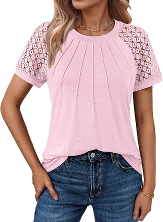 AUTOMET Womens Lace Short Sleeve Tops Business Casual Outfits Work Shirts | Pleated Dressy Tops, Cute Summer Fashion Shirts with Lace Sleeve, Soft and Comfortable, Work and Casual