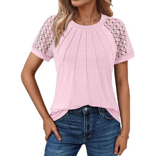 AUTOMET Women's Lace Short Sleeve Tops - Pleated Business Casual Work Shirts for Summer