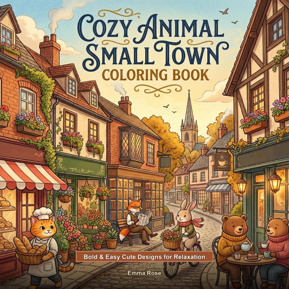 Cozy Animal Small Town Coloring Book: Bold & Easy Cute Designs for Relaxation