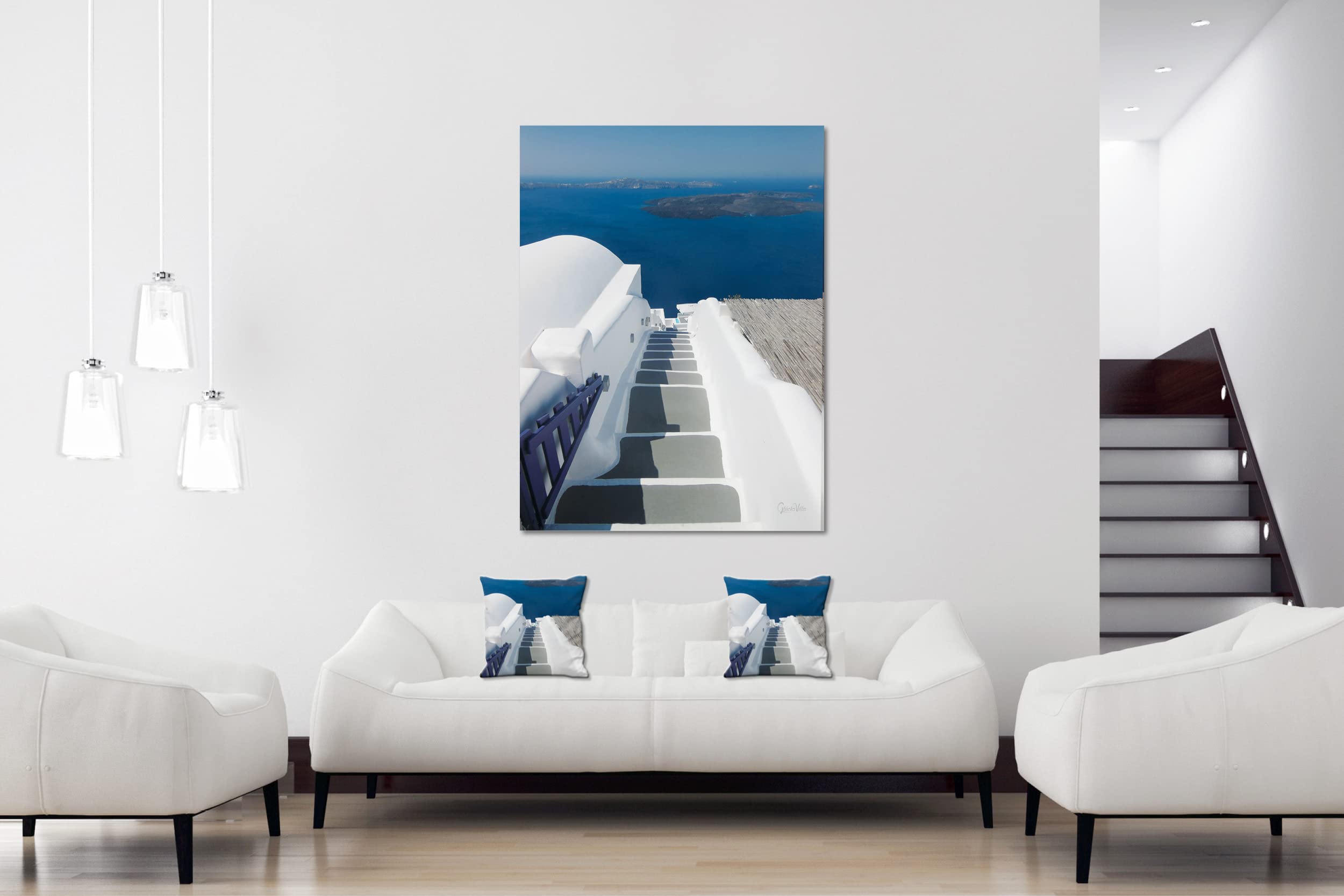 Santorin 1 - Foto-Kissen-Hülle Set (2 STK.) 40 x 40 cm | Kissen-Bezüge - passend zu Wandbild - Deko-Kissen - Griechenland Treppe Meer Insel