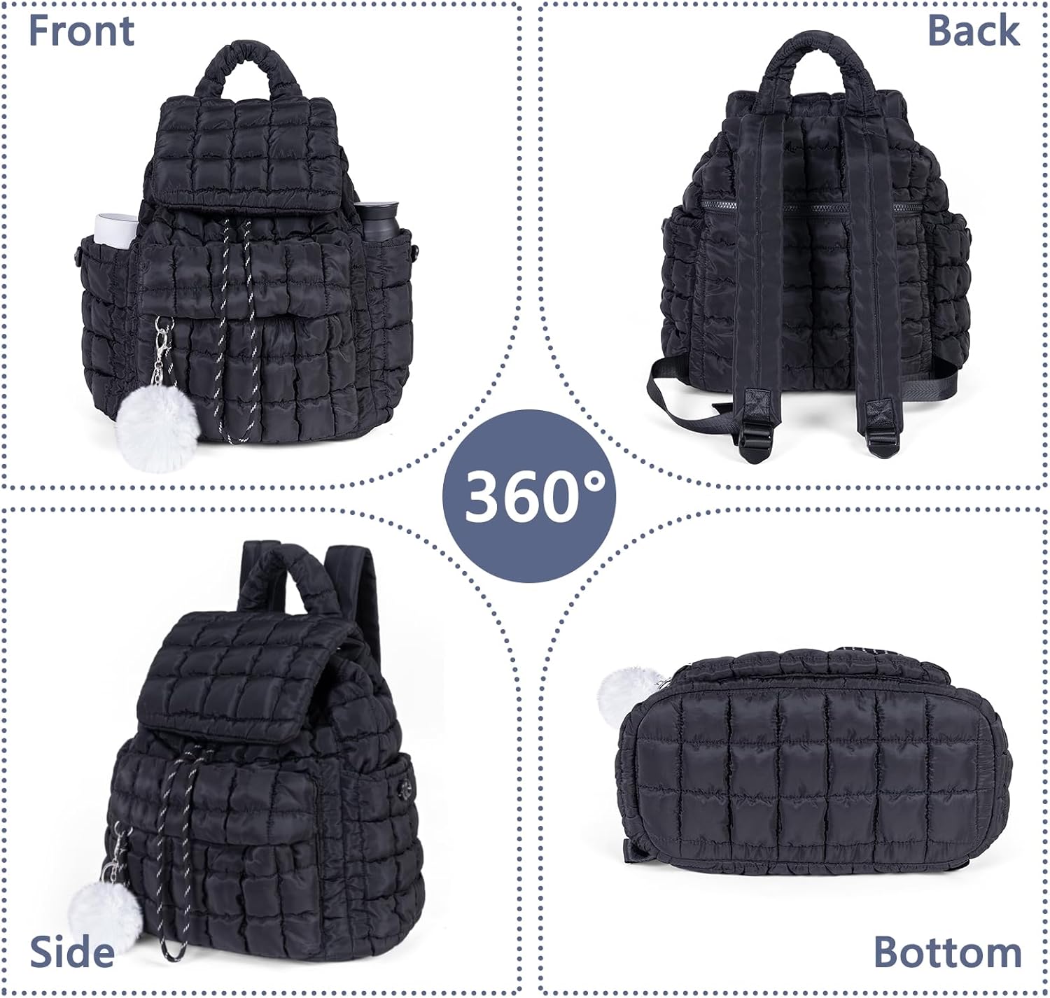 Quilted Puffer Backpack for Women: Large Lightweight Soft Purse Backpacks for Travel Daypack Hiking Gym Sports School College - Cute Trendy Luxury Drawstring Laptop Backpack (Black) - Image 8