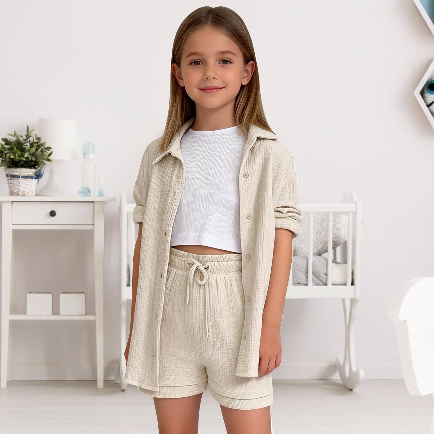 Girls Casual 2 Piece Outfit Linen Short Sleeve Button Down Shirt and Drawstring Shorts Set Lightweight Cotton Gauze Tracksuit