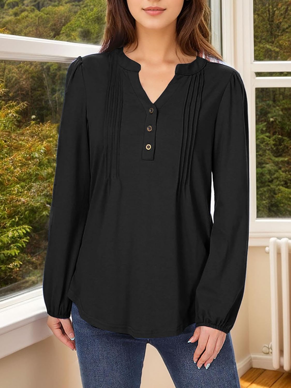 Long Sleeve Shirts for Women Buttons V Neck Hide Belly Blouses Fashion Casual Loose Fit Pleated Tunic Tops - Image 4