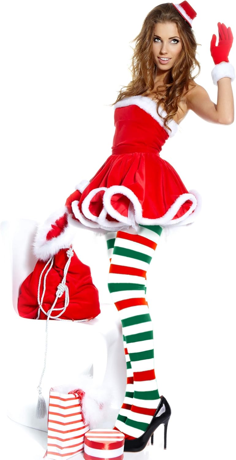 Sumind 3 Pairs Christmas Striped Tights Thigh High Red Green Stripe Stockings Xmas Elf Tight Women Halloween Costume - Image 6