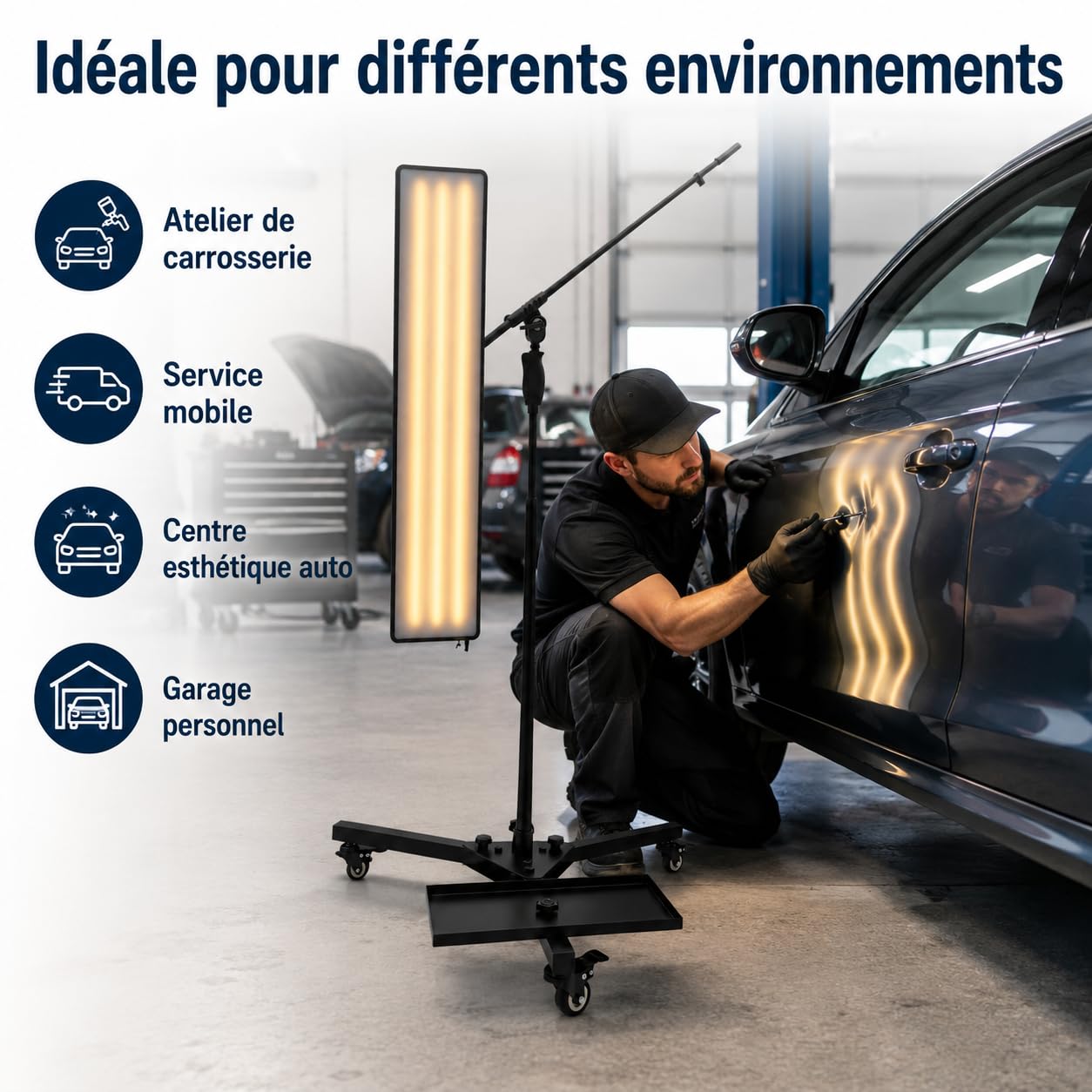 Lampe de détection de bosses pour voiture, lampe de détection de bosses LED 10 W, panneau lumineux à 360° Lampe réflectrice professionnelle pour ateliers de réparation automobile, ateliers de