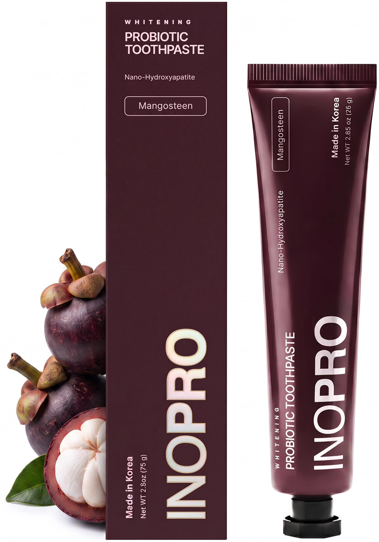 INOPRO Nano-Hydroxyapatite Whitening Toothpaste with Probiotic for Sensitive Teeth, Fluoride Free Enamel Support Toothpaste - Xylitol, Baking Soda, Coconut Oil - Mangosteen, 2.65oz
