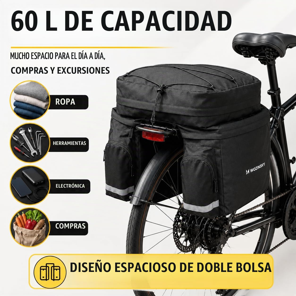 WOZINSKY Bolsa de Bicicleta, 60L con Cubierta de Lluvia, Impermeable, para Bicicleta de Carreras, 2 Compartimentos, Negro, Impresión de Letras, Montaje en Portaequipajes, Cordón