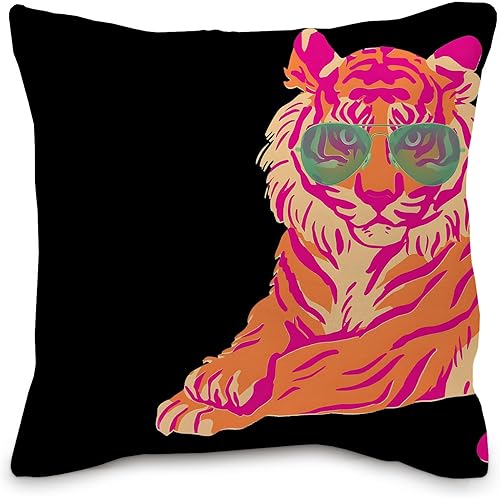 Fundas de almohada de tigre rosa, fundas de almohada coloridas de color rosa y naranja de 18 x 18 pulgadas, decoración retro de tigre preppy para