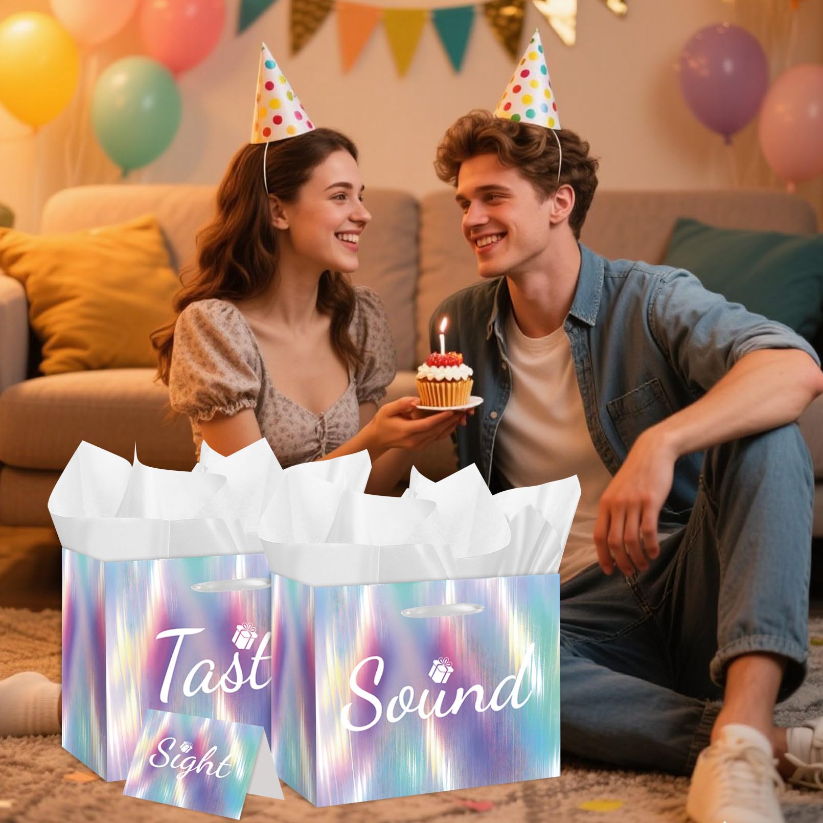 Large 5 Senses Gift Bags For Him Her - Sight Smell Touch Taste Sound Gift Bags with Cards & Tissue Paper for Wedding Favors, Birthday Party Gifts, Birthday, Anniversary, Mother'S Day, Valentine'S Day