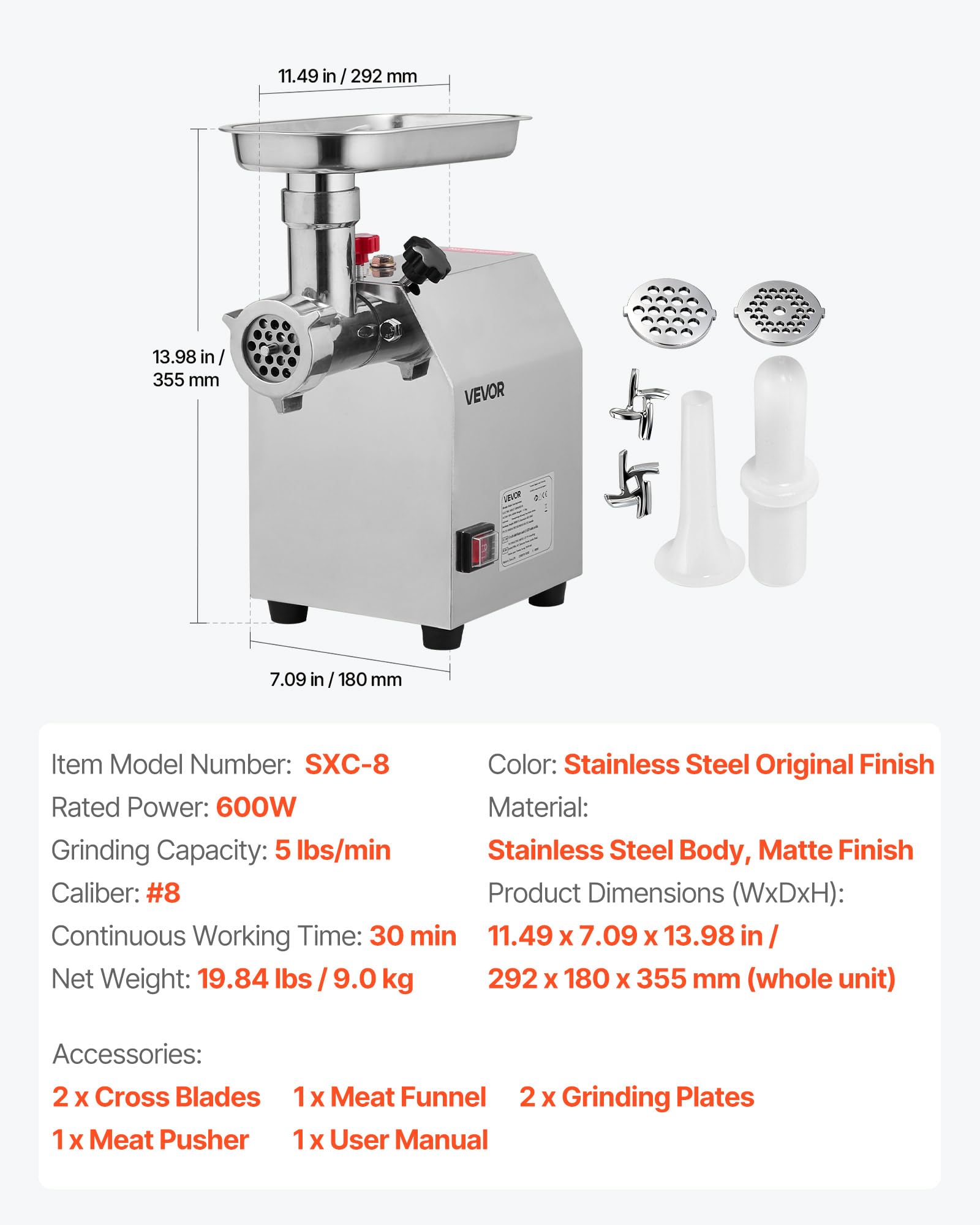 VEVOR Tritacarne Elettrico Capacità 2,04 kg/min, Tritacarne da Tavolo da 600 W con Lama Piastra di Macinazione, Macchina per Salsicce Commerciale in Acciaio Inox per Cucina Ristorante Hotel