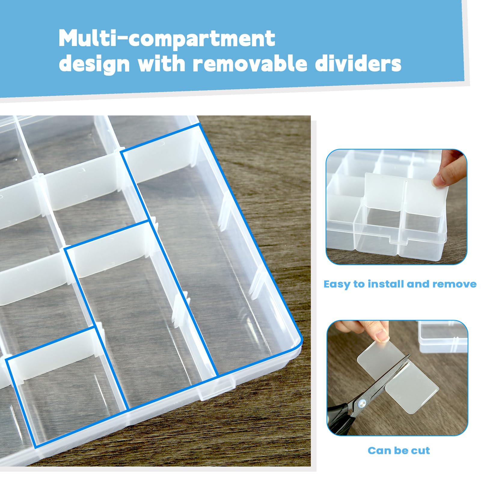 Confezione da 4 scatole organizer per perline in plastica trasparente con divisori regolabili, contenitore per perline con etichette, scatola per bottoni, organizer per artigianato