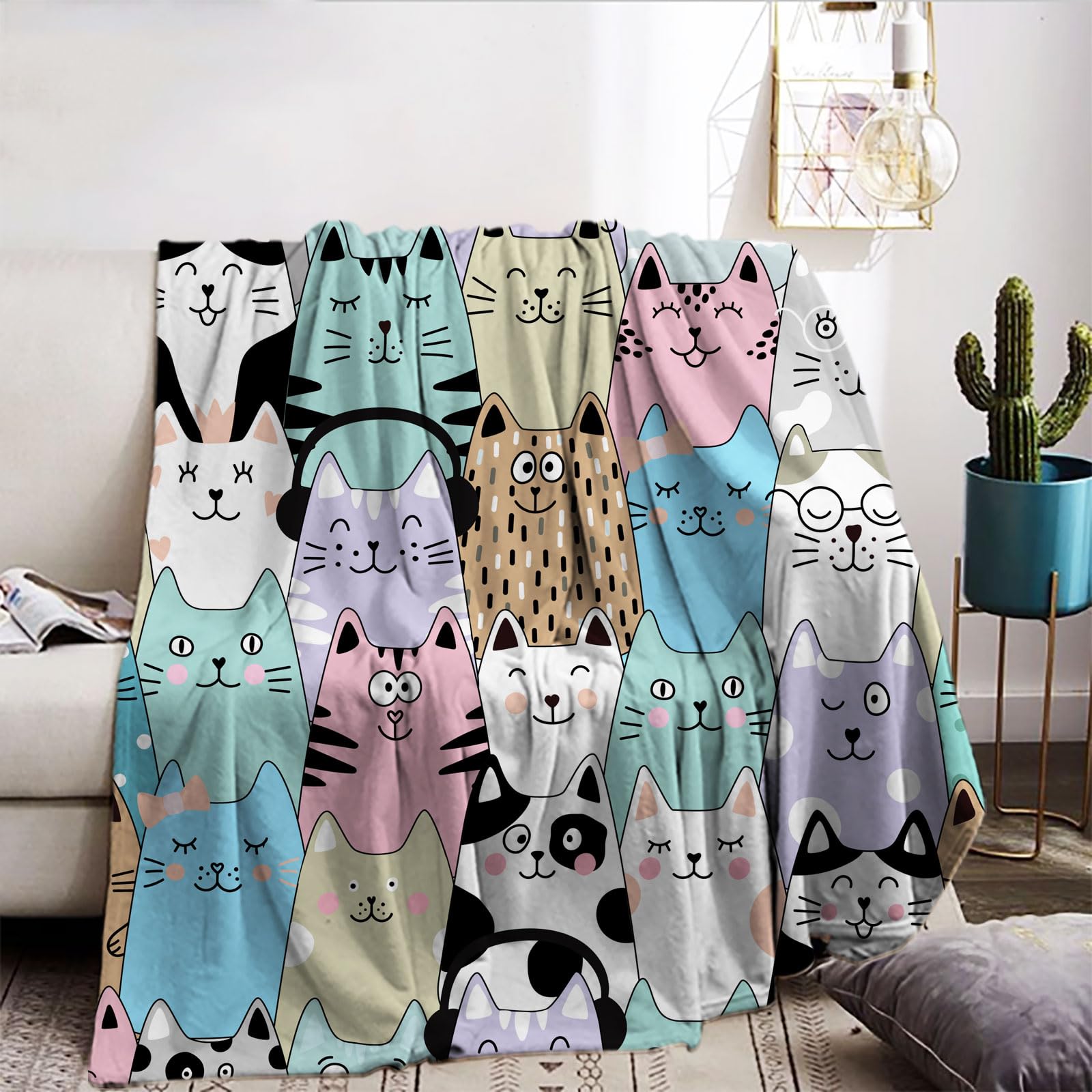 Manta Estampado Gatos 130 x 150 cm, con Estampado de Animales 3D, Manta de Forro Polar Suave y cálida como Funda de sofá, Colcha para el salón (A, 130x150cm)
