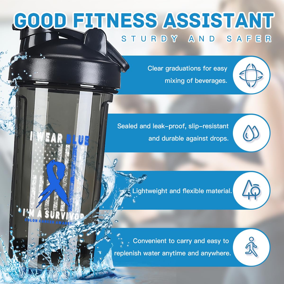 Colon Cancer Awareness 18 Ounce Shaker Cup,Fashion Theme Pattern Shaker Bottle Leak-proof Workout Shake Bottles 500ML/18 oz Perfect for Pre Workout