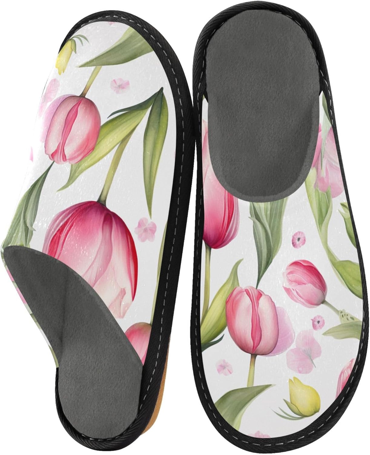 Pink Tulip Flower House Slippers – Cozy Fuzzy Slippers for Guests, Washable & Disposable, Perfect for Shoeless Home, Spa & Hotel Use A111486
