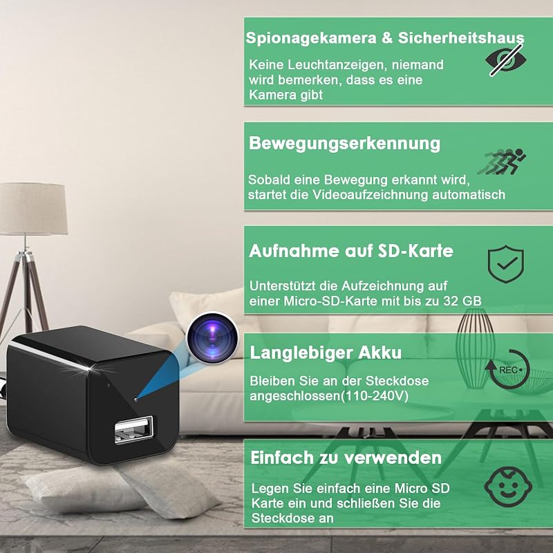 KAMREA Biztonsági Kamera HD 1080P Mini Rejtett Kamera USB Töltő Álcázással Mozgásérzékelő Folyamatos Felvétel Irodai Otthoni Megfigyelés
