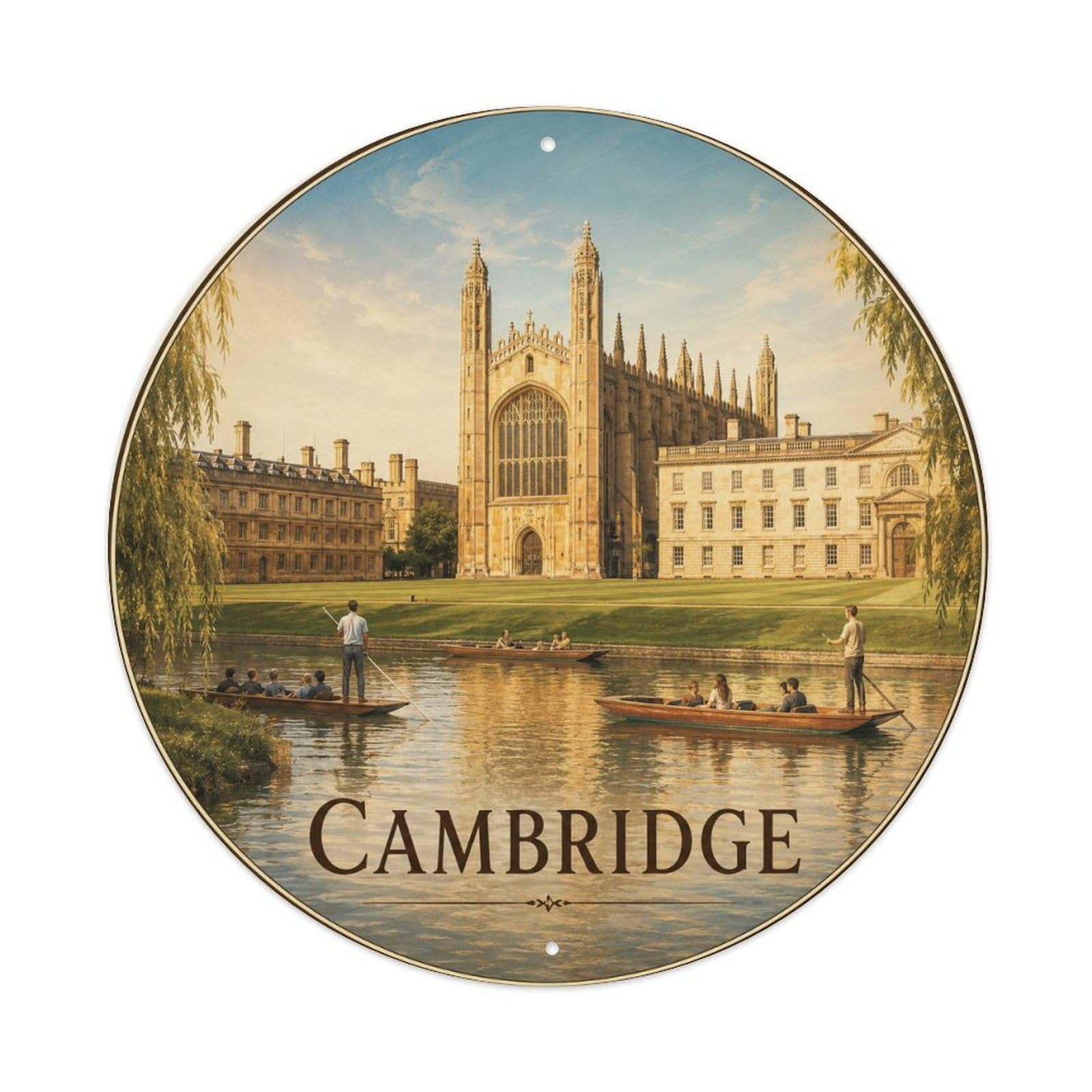Cambridge Historic College Architecture Vintage Travel Cityscape Metal Tin Sign Plaque Wall Decor for Cafe, Man Cave, Club Bar, Office, Home Garden Round Metal Poster 8x8Inch