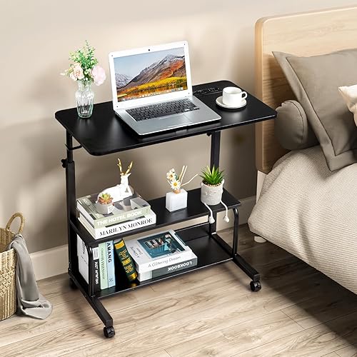 Miniatura 34 de Karl home Mesa móvil pequeña de 23.6 pulgadas, escritorio para computadora con ruedas, altura ajustable, carrito de computadora portátil, mesa Negro